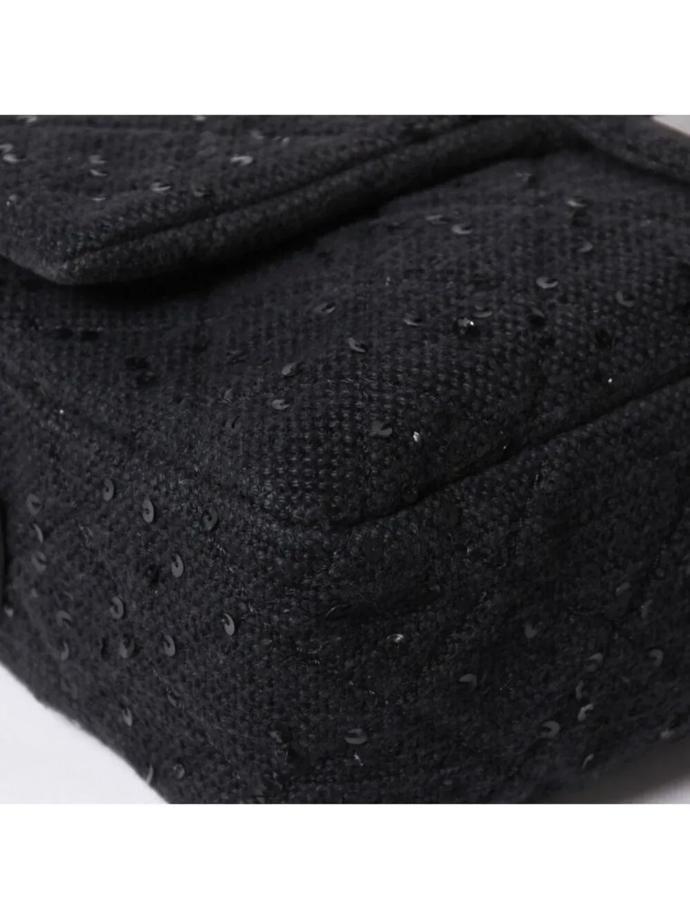 Chanel 2.55 Shoulder Bag CC Logo Sequins Canvas Leather Black